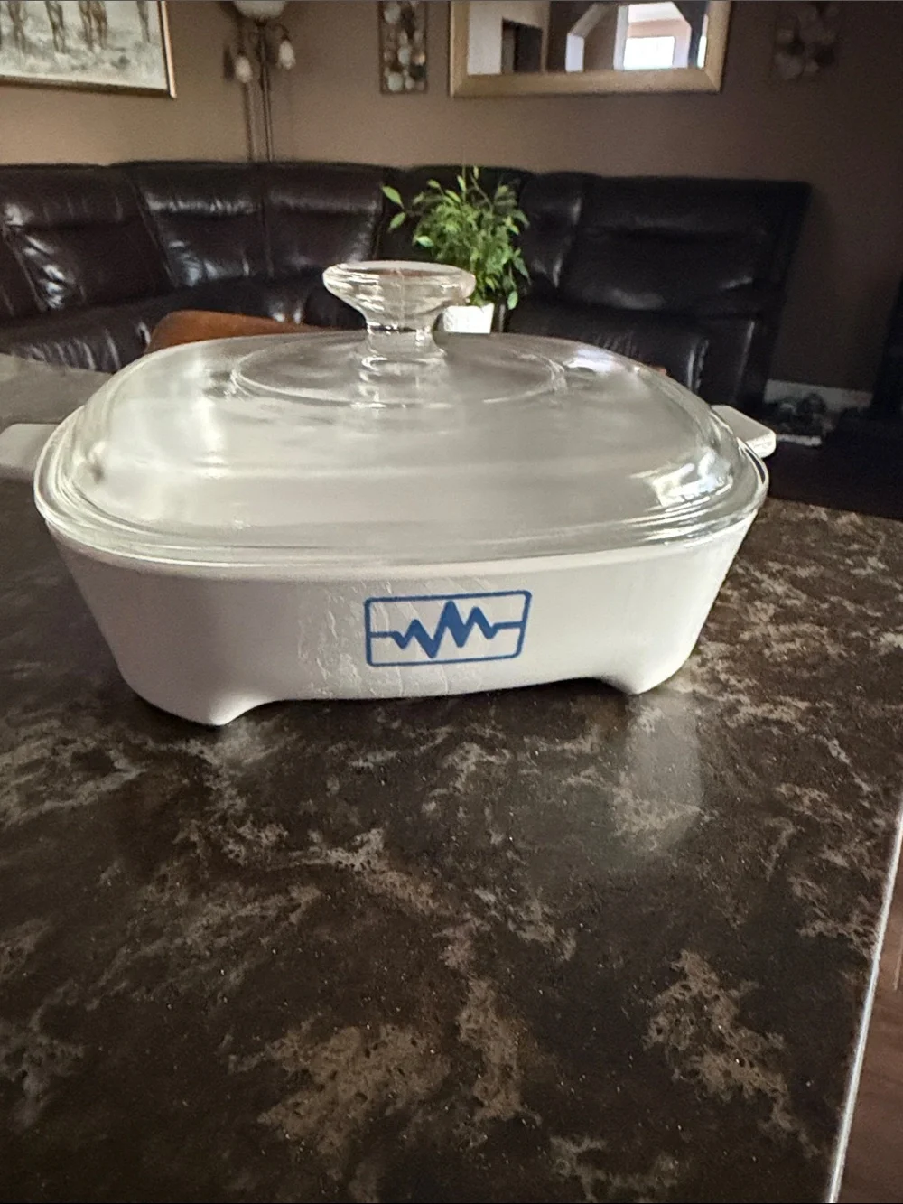 Corningware White Casserole Dish with Blue Wave Accent and Clear Glass Lid